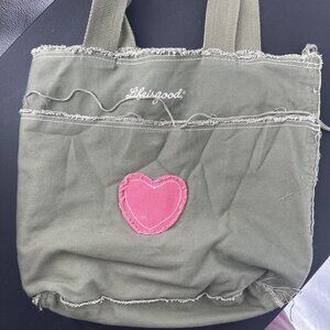 Life is good Green Canvas Shoulder Bag Pink heart distressed‎ edges